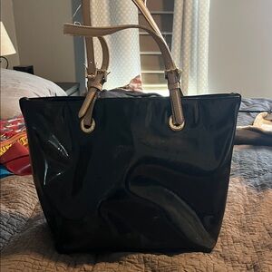 Michael Kors Black Patent Tote with Tan Handles